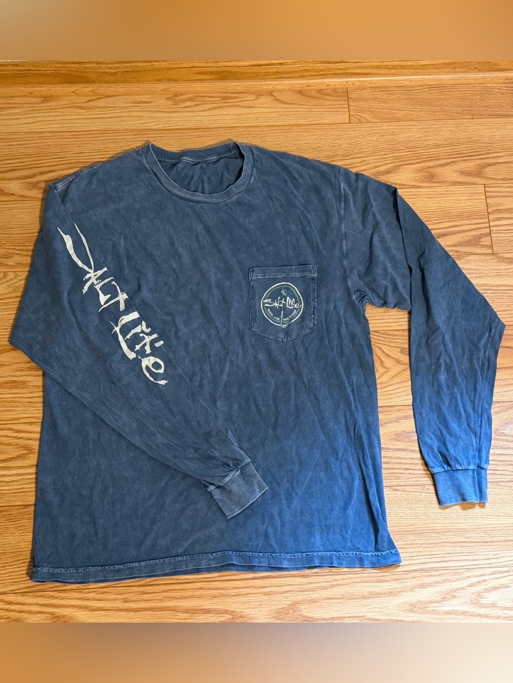 Salt Life Washed Navy Long-Sleeve Pocket Tee with Sleeve Logo